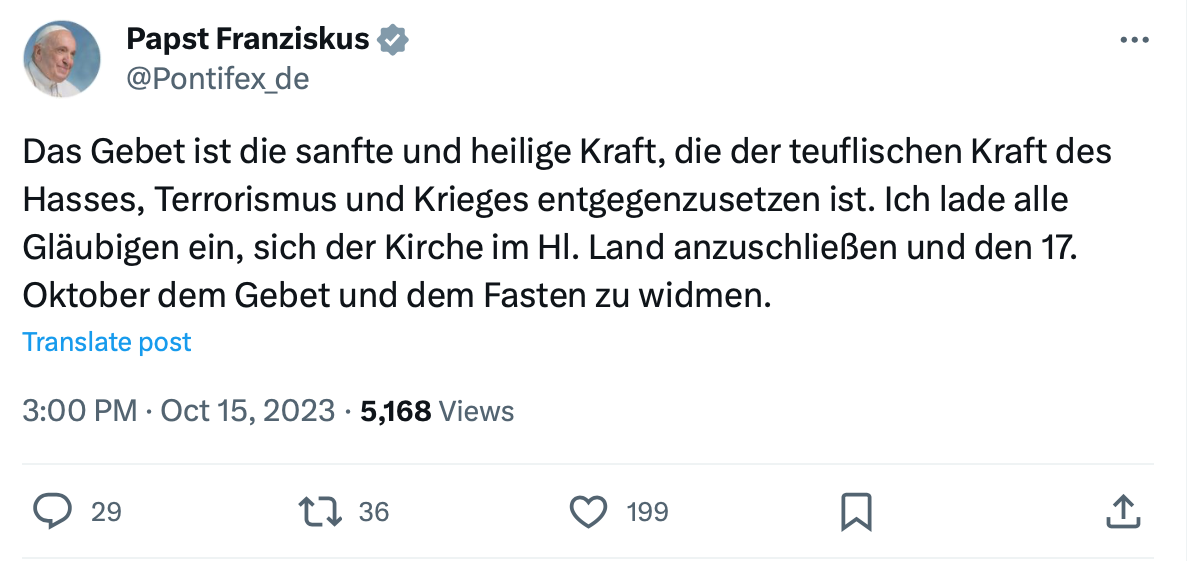 Papst ruft zu weltweitem Gebet und Fasten auf